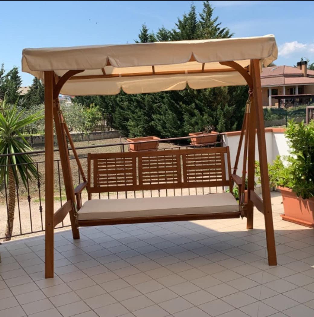 Dondolo 3posti legno di acacia tettuccio bianco arredo esterno giardino AC805055