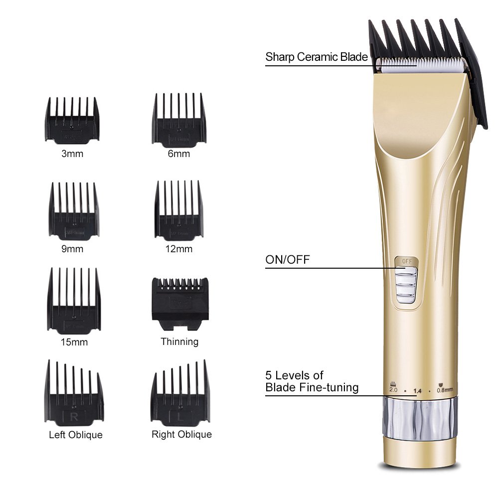Professional Hair Clippers for Men Babies Cordless Rechargeable Mens Beard Trimmer Quiet Hair Cutting Kit with 8 Hair Trimmer Combs & Charging Dock for Adults Kids Grooming (Gold)