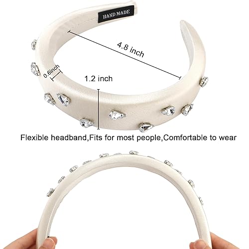 Miniatura 3 de AHONEY Diadema blanca acolchada para mujer, diadema gruesa blanca, bandas elegantes para el cabello de las mujeres de los años 70, diadema adornada,