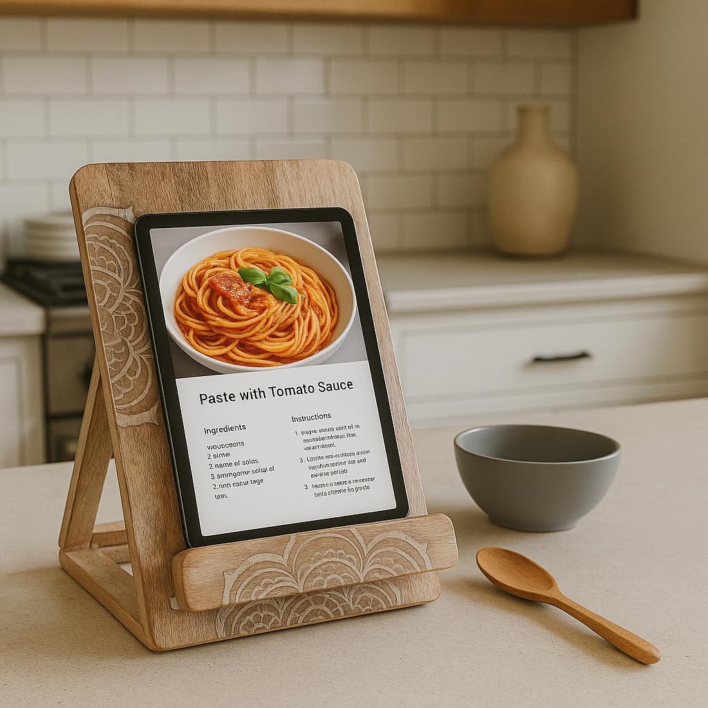 Wedding Gifts Mandala Wooden Cookbook Stand for Kitchen Counter Recipe Book Holder for Cooking, Solid Wood Chopping Board Style Foldable and Durable Recipe Holder for Tablets and Cookbooks