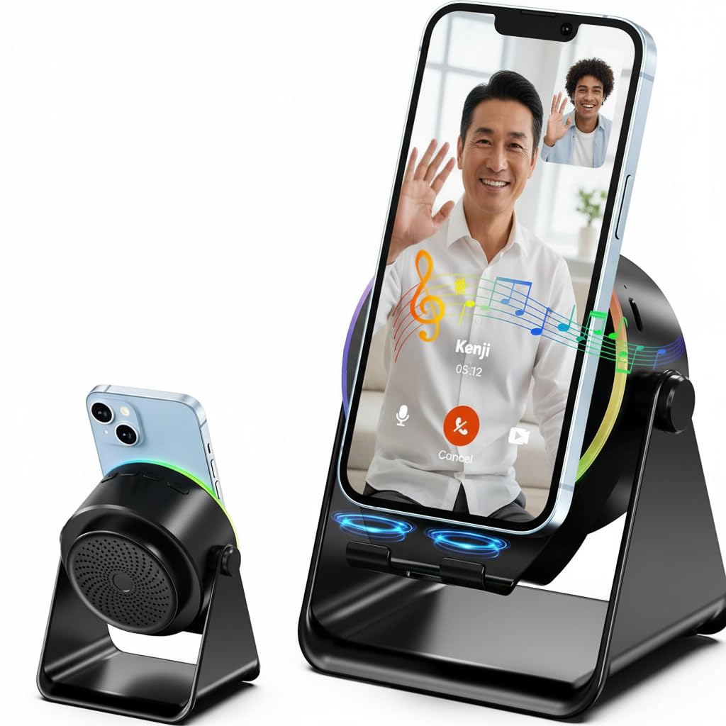 Altoparlante Bluetooth a induzione wireless 5 in 1 con supporto rotondo regolabile per telefono, altoparlante Bluetooth stereo multifunzionale, luce ambientale 8 RGB e lunga durata della