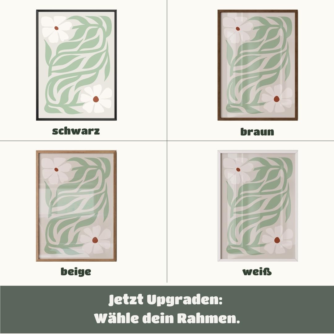 MJ-GRAPHICS® Blumen Poster Kunstdruck dekorativ Wandbild floral minimalistisch Weiß Grün Wohnzimmer Deko einladend erfrischend für stilvolles Ambiente A2 mit beigem Rahmen