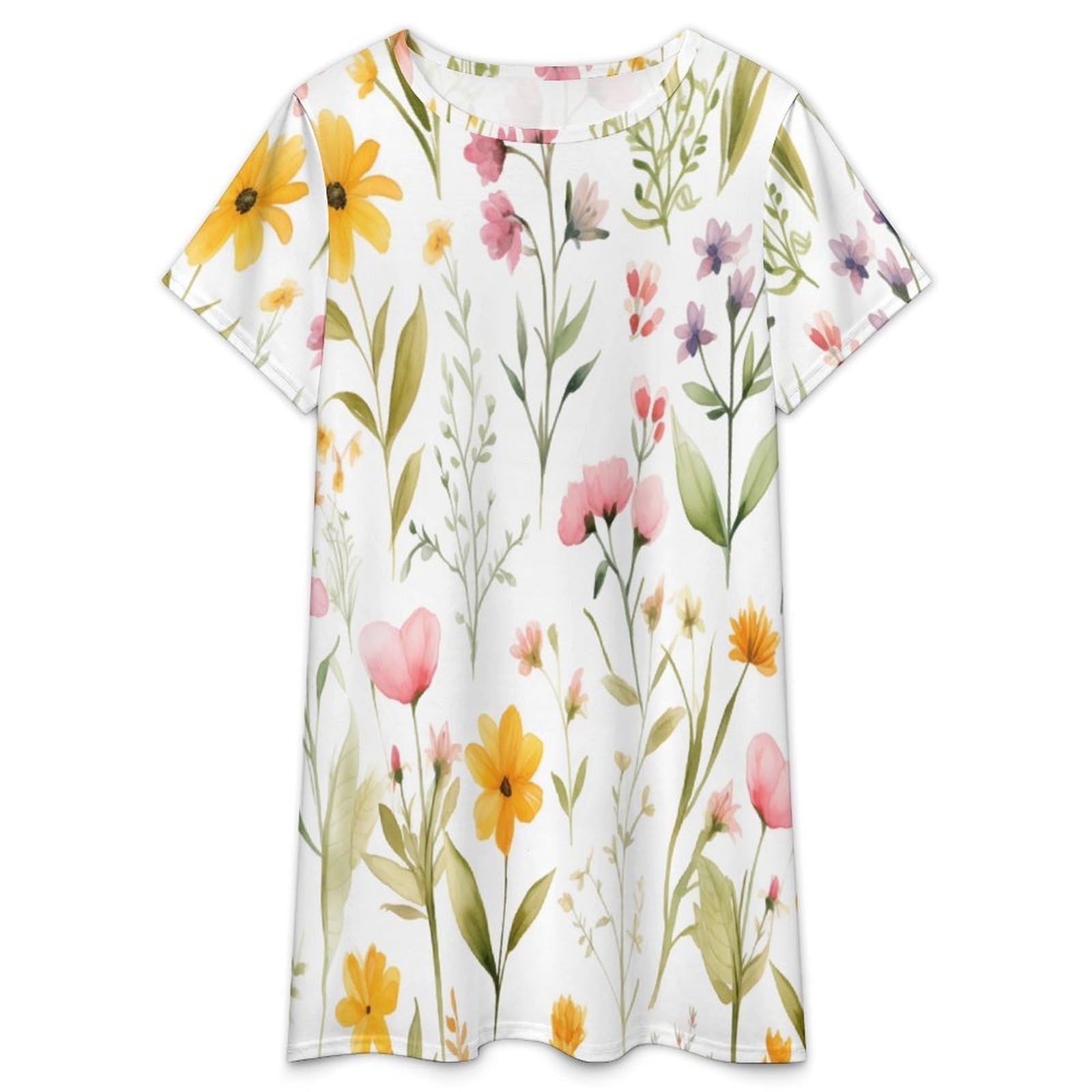 Camicie da Notte da Donna -Fiori Selvatici Colorati Camicia da Notte Estiva da Donna A Maniche Corte Taglie S-3Xl Morbida E Comoda Ideale per Stare in Casa.