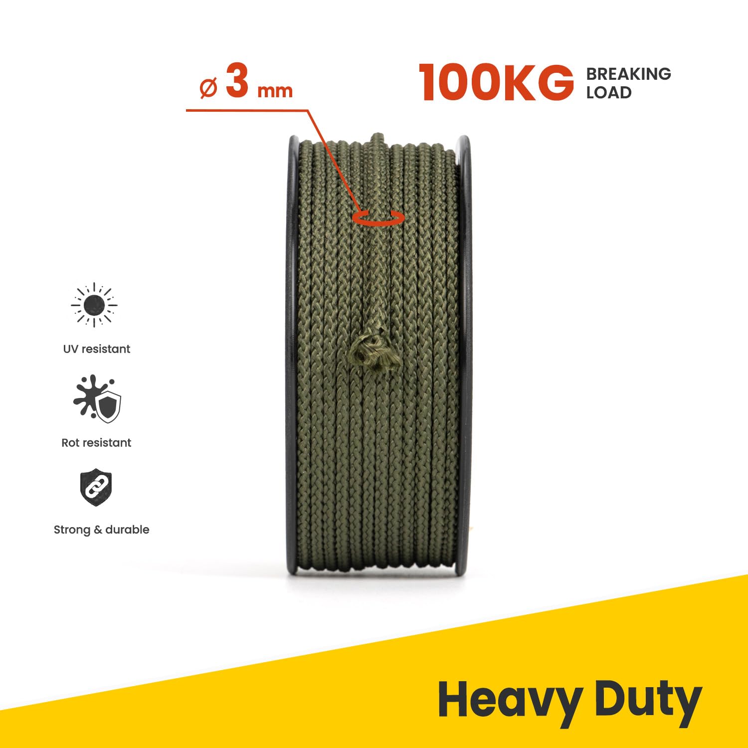 Brotree Polyester Rope 3mm x 30m Army Green - Diamond Braided Rope Cord Low Stretch - 100KG Breaking Load - Image 3