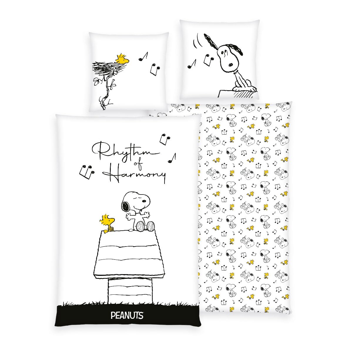 Herding Peanuts Bettwäsche glatt Rhythm of Harmony Snoopy Woodstock 100% Baumwolle 135 x 200 cm und 80 x 80 cm - All-In-One-Outlet-24 -