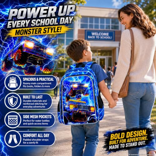 Image of 17 inch Truck Backpack for Boy, 3Pcs Lightning Bookbag for Elementary Preschool Kindergarten, Kids School Thunder Backpacks with Lunch Box (Blue)