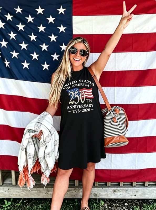 Image of jusgai 250 Anniversary USA Dress for Women American Flag Tank Dresses 4th of July Patriotic Sundress