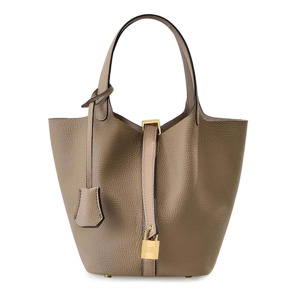 Women Genuine Leather Bucket Bag Fashion Lock Design Small Satchel Purse Handbag Ladies Daily Casual Soft Shoulder Bag