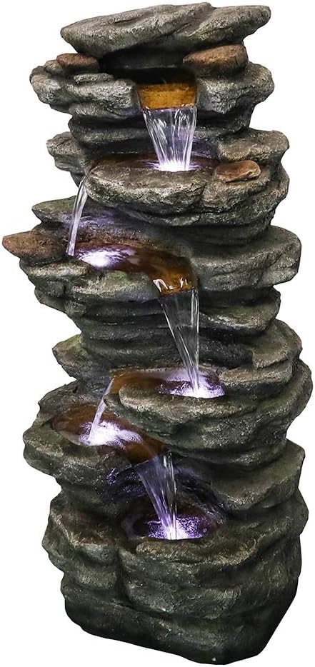 SunJet 6-Tiers Rocks Outdoor Water Fountain - 40” High Cascading Waterfall with LED Lights, Soothing Tranquility for Home Garden, Yard Decor : Patio, Lawn & Garden