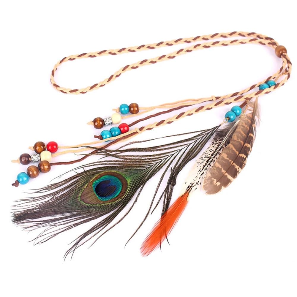 HUFFA Women Indian Headband Headdress For Girl Adjustable Bohemian Head Rope Bandage Peacock Feather Hair Hoop Band Headwear
