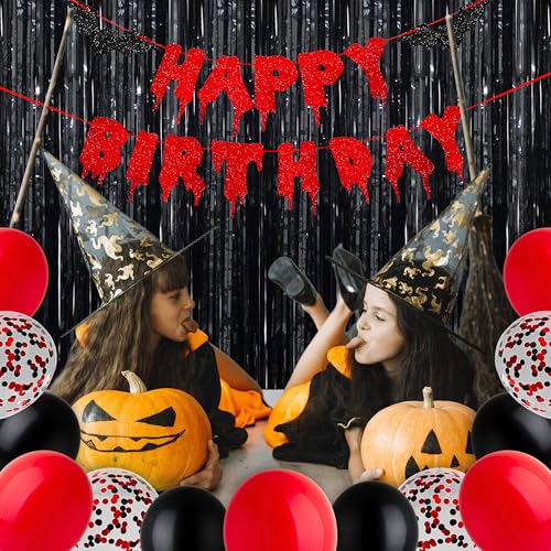 Image of Halloween Happy Birthday Banner, Bloody Bat Vampire Red and Black Birthday Decorations, Glitter Foil Fringe Curtains Backdrop Balloons Horror Movie Themed Party Decoration Supplies
