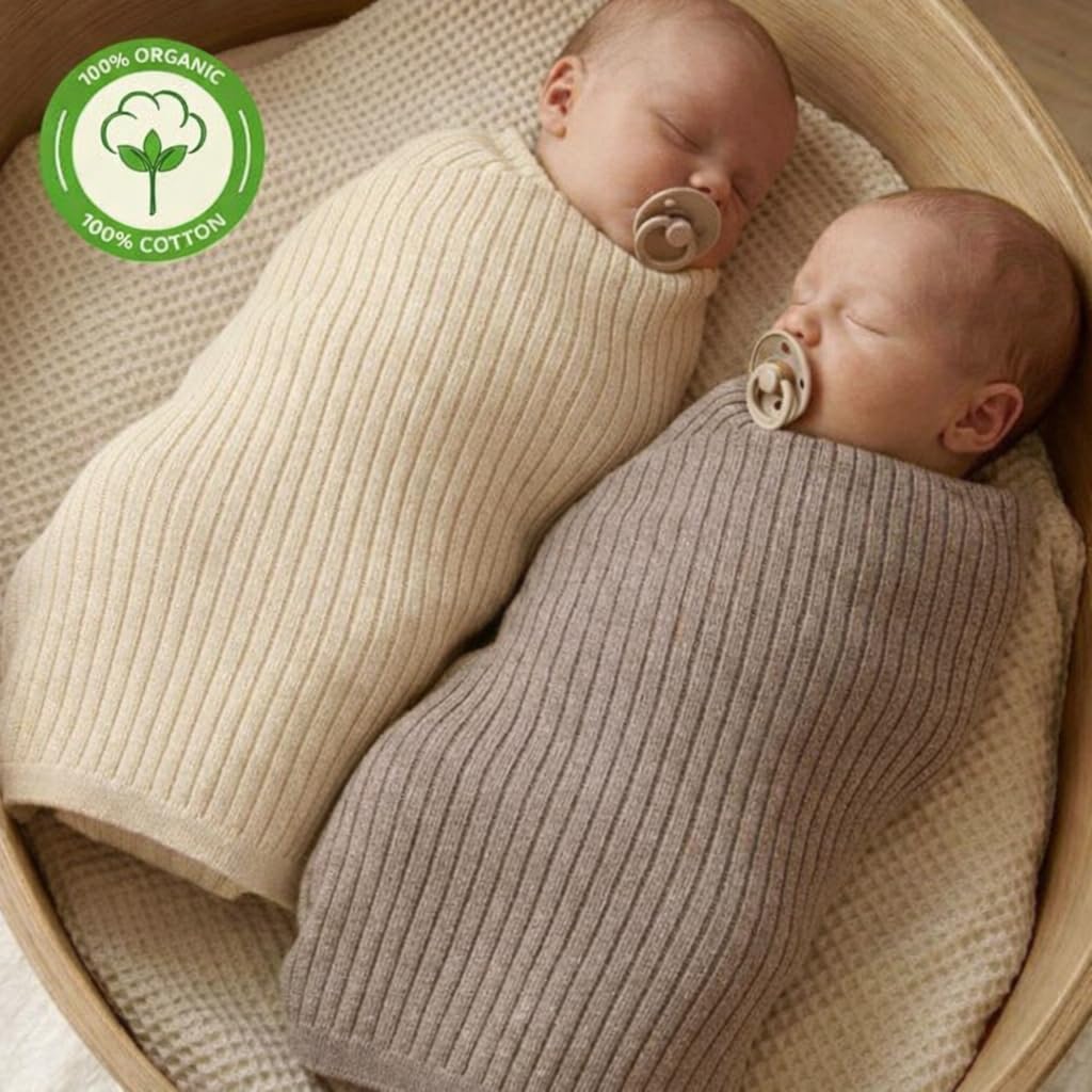 100% Organic Cotton Knit Receiving Blanket for Newborn Baby Boys and Girls - Soft, Breathable Swaddle Blanket for Crib & Stroller - Nursery Gift2-Pack (Ribbed Ivory & Mochachino)