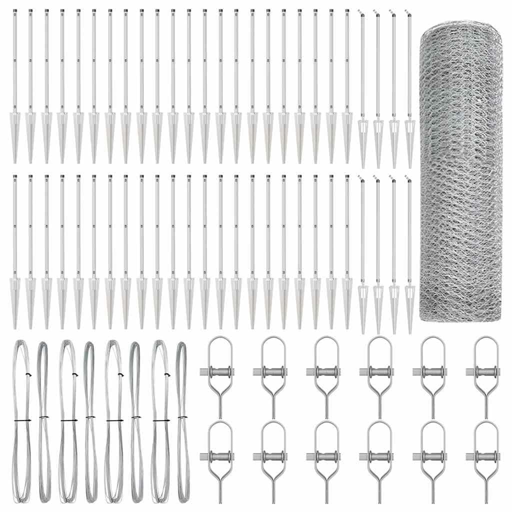 Steel Fence Post Silver 100 x 0.4 m 25 mm Mesh Garden Security Fence Panel with 52 Spike Posts for Outdoor Yard Terrace Pet Enclosure Corrosion Resistant Easy Assembly