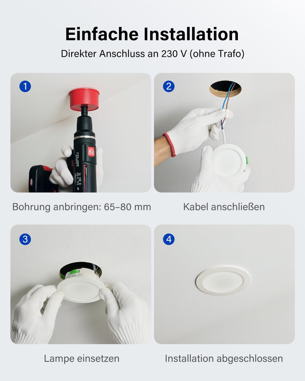 Leselux 20er Set LED Einbaustrahler 230V Dimmbar 5W 68mm 3000K-6000K IP44 Deckenspots Flach 65-80mm
