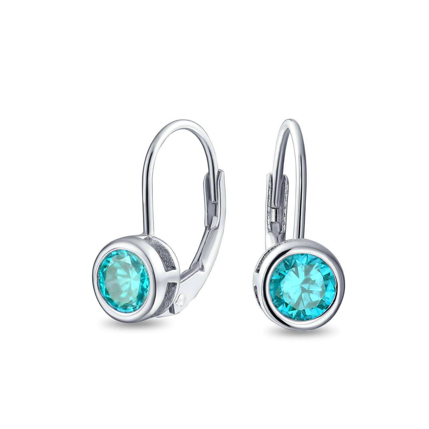 Bling JewelryDainty .50 Ct Round Bezel Brilliant Cut Aqua Blue AAA Cubic Zirconia Simulated Aquamarine CZ Solitaire Dangle Drop Earrings Lever Back .925 Sterling Silver