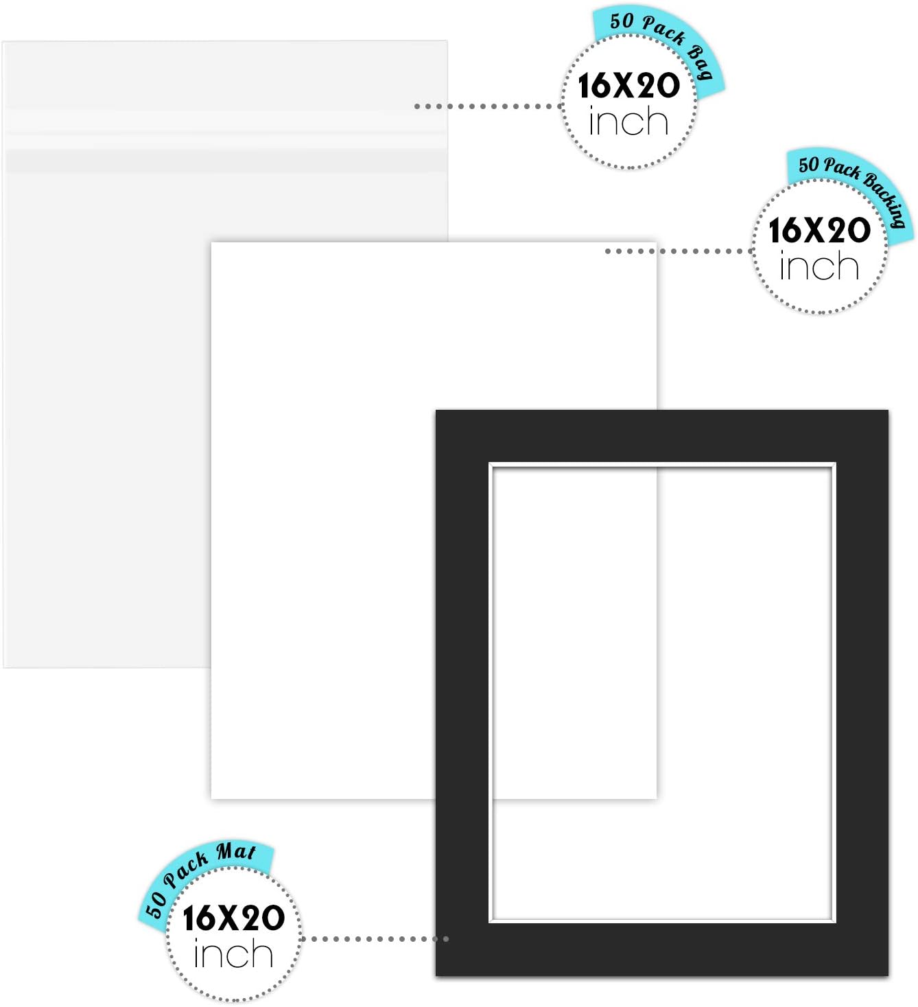 Pack of 50 Black 16x20 Mats for 12x16 Photo + Backing + Bags