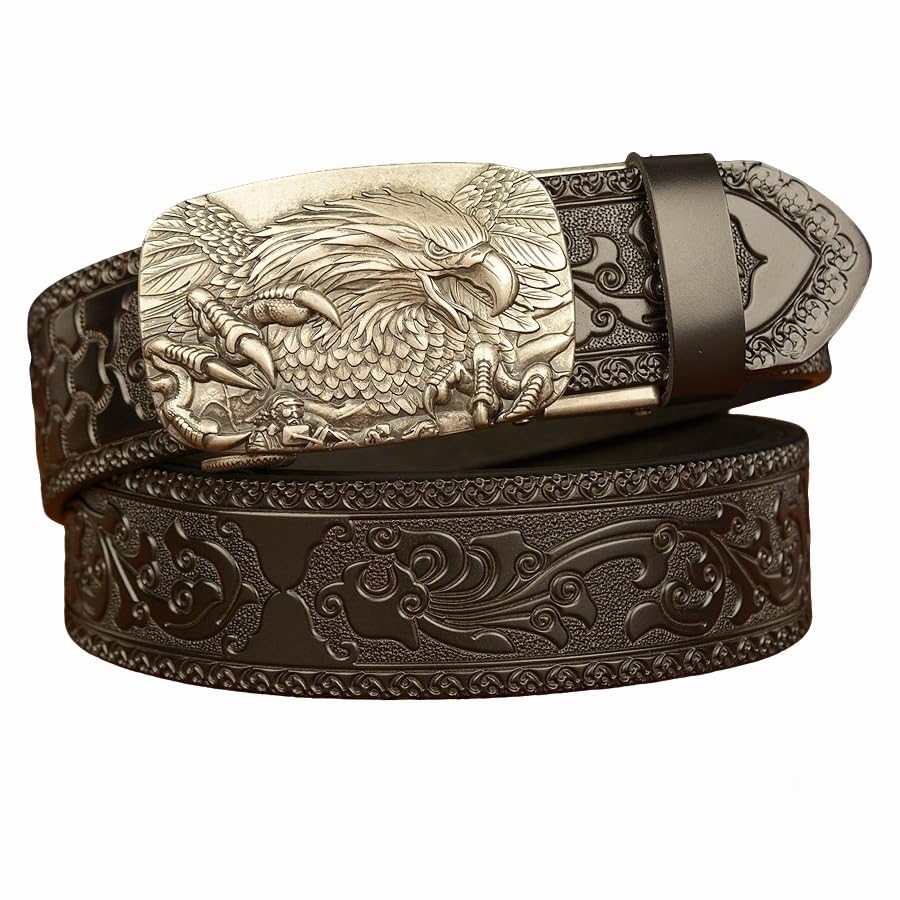 Men's Genuine Leather Belt – Ratchet Adjustable 3D Eagle Buckle Vintage Engraved Dress & Casual Strap
