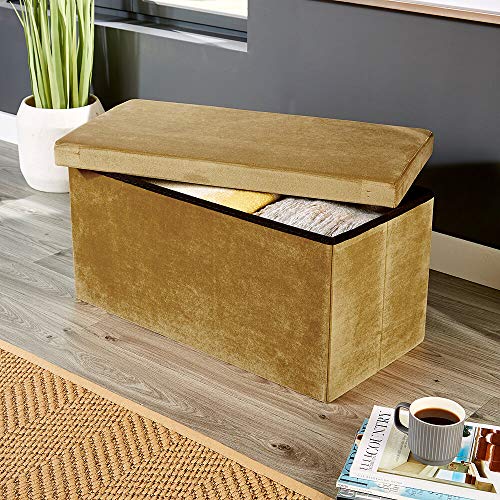 Home Source Large Folding Ottoman Velvet Fabric Storage Chest, Mustard Yellow, Rectangle
