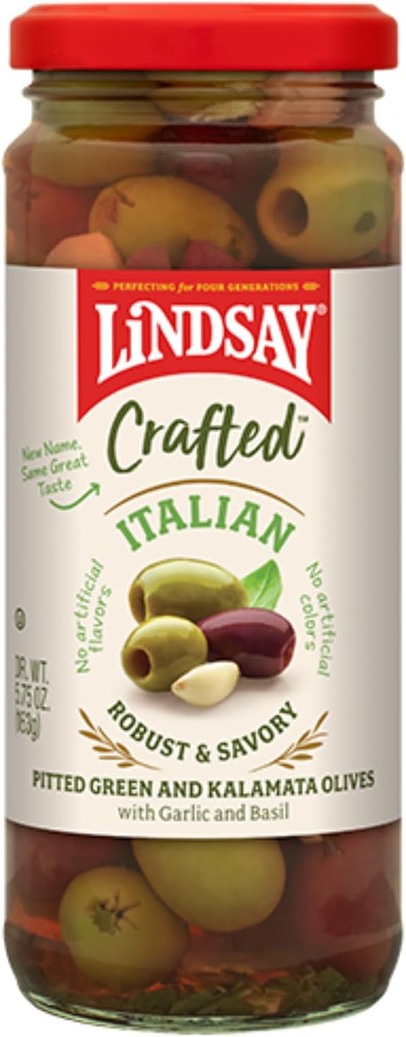 LindsayCrafted Italian Medley Olives, 5.75 Oz (Pack of 6), Manzanilla, Queen & Kalamata Olives with Basil & Garlic, Keto Friendly, Healthy Snack, Perfect for Salads, Pastas, Charcuterie Boards