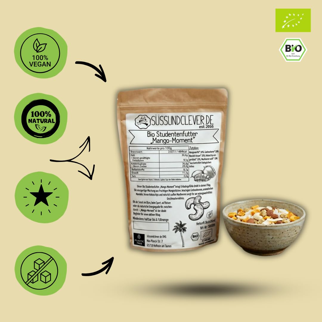 Bio Studentenfutter "Mango-Moment" | 1,0 kg | mit Mangostücken, Cashewkernen, Mandeln, Kokoschips & Maulbeeren | Exotische Nuss-Frucht-Mischung | Vegan