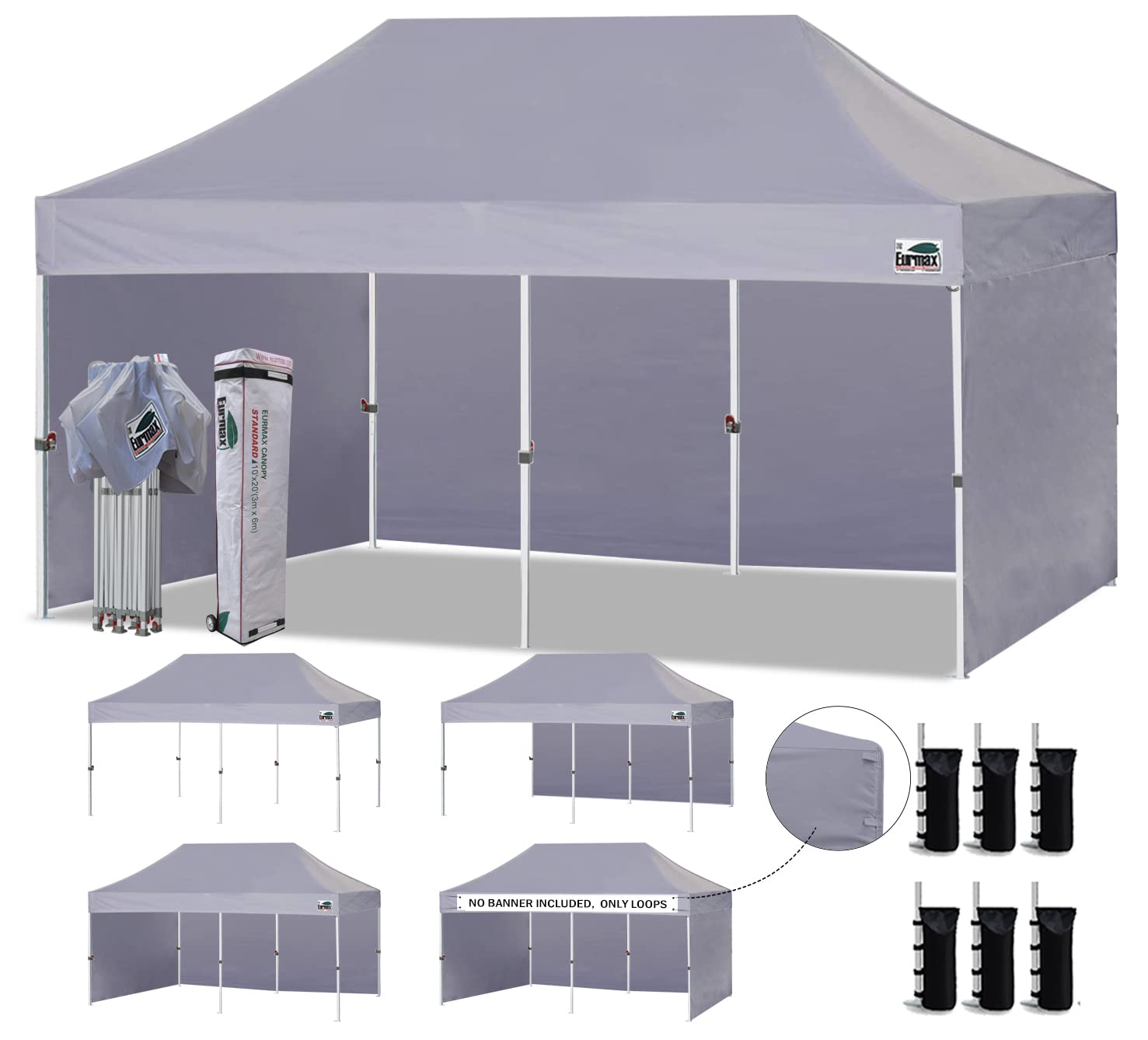 Eurmax USA 10x20 Pop Up Canopy Tent,Commercial Tent with Patented No-Tip Rolling Bag,4 Zippered Removable Walls,UV &amp; Water Resistant Canopy Top,Heavy Duty Outdoor Gazebo,Instant Shelter(Gray)