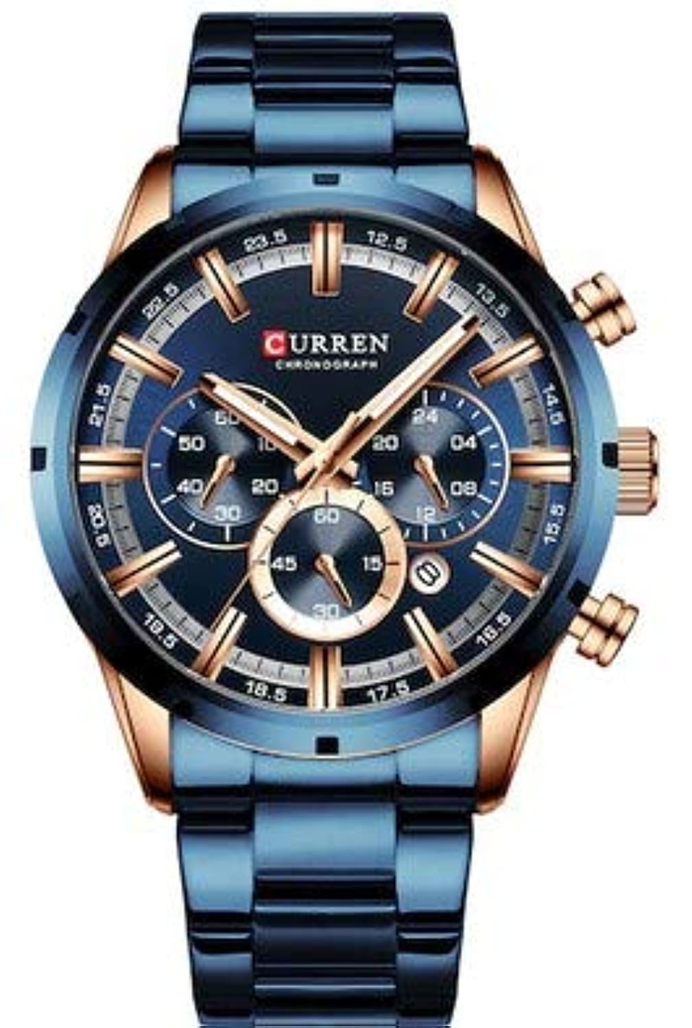 Anself CURREN 8355M Men Quartz Watch Stainless Steel Band Fashion Multifunction Wristwatch 3ATM Luminous Display Chronograph Calendar Date Watches Blue