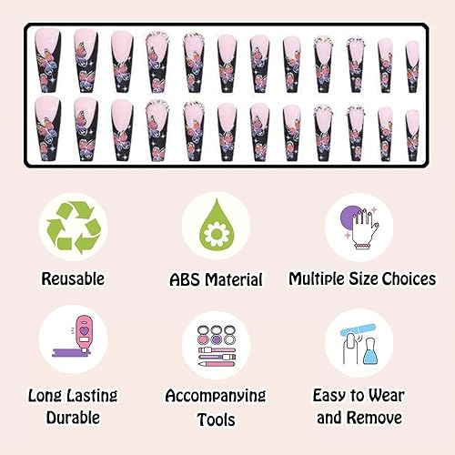 Miniatura 3 de Uñas postizas extralargas a presión con punta francesa de ataúd negro con diamantes de imitación, diseño de mariposa, estrella, cuadrado, mate, uñas