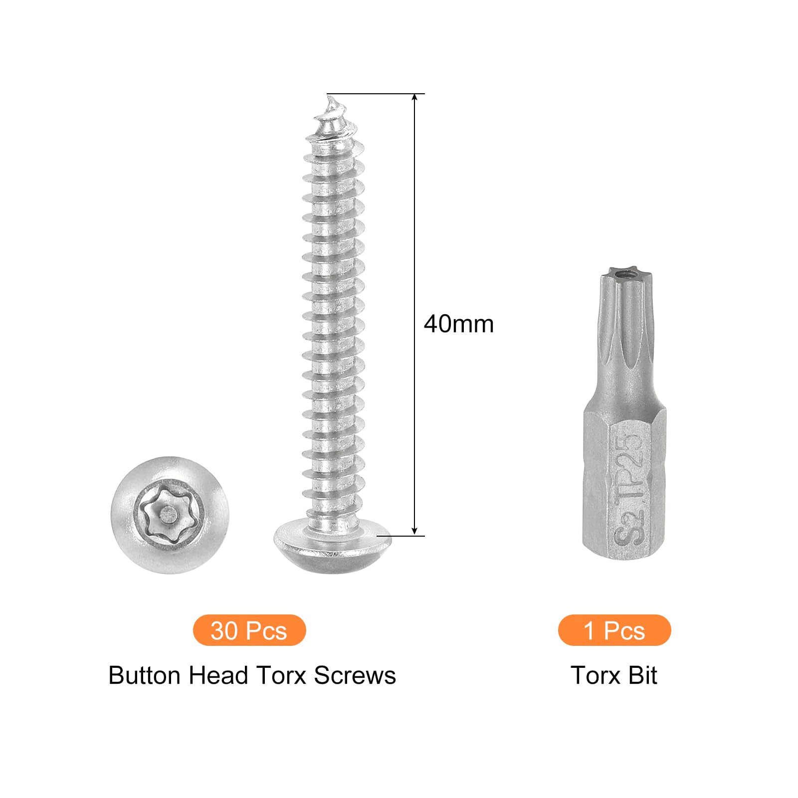 QUARKZMAN M5 x 40mm Viti per Lamiera di Sicurezza a Testa Tonda Torx, 30pz Viti Autofilettanti Antimanomissione Acciaio Inossidabile 304, Viti Legno Antifurto con Punta T25 (Argento)