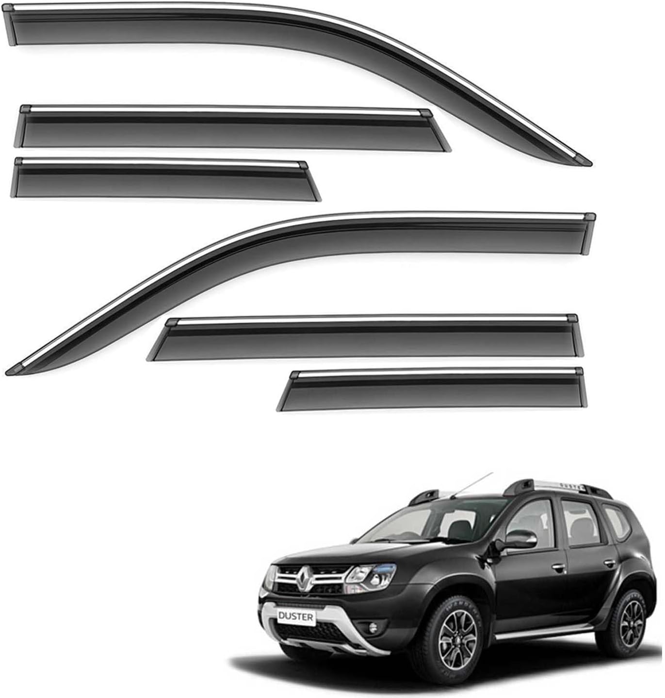Car Compatible Wind Deflectors Rain Guard Door Visor for Renault Duster (2014 Onwards Model) - Chrome Lined, Polycarbonate, Smoke, Set of 6 Pcs