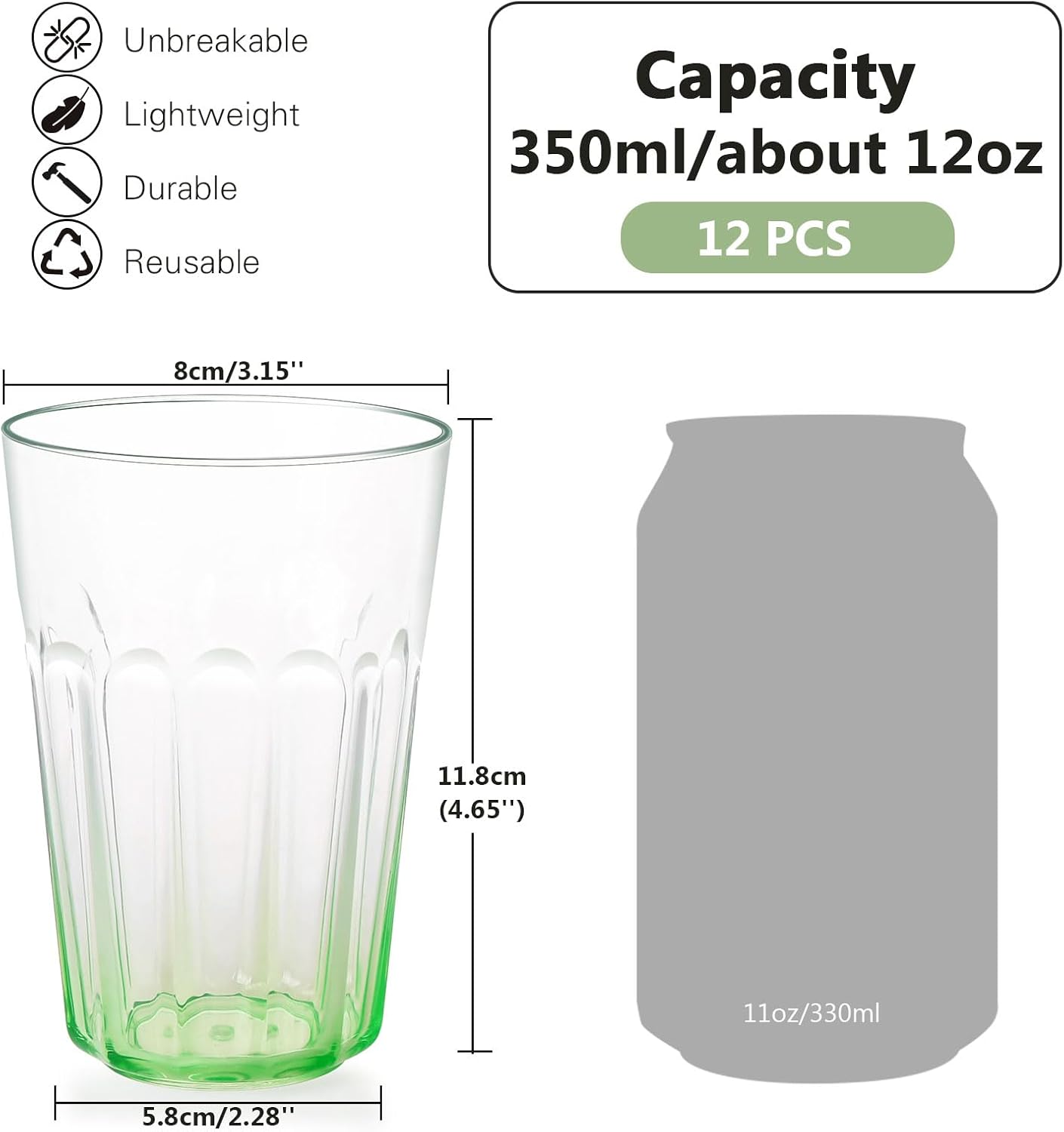Greentainer Unbreakable Plastic Drinking Glasses Set of 12, BPA-Free Reusable Clear Water Cups, 12 oz Stackable Tumblers for Cold Drinks, Kitchen & Party