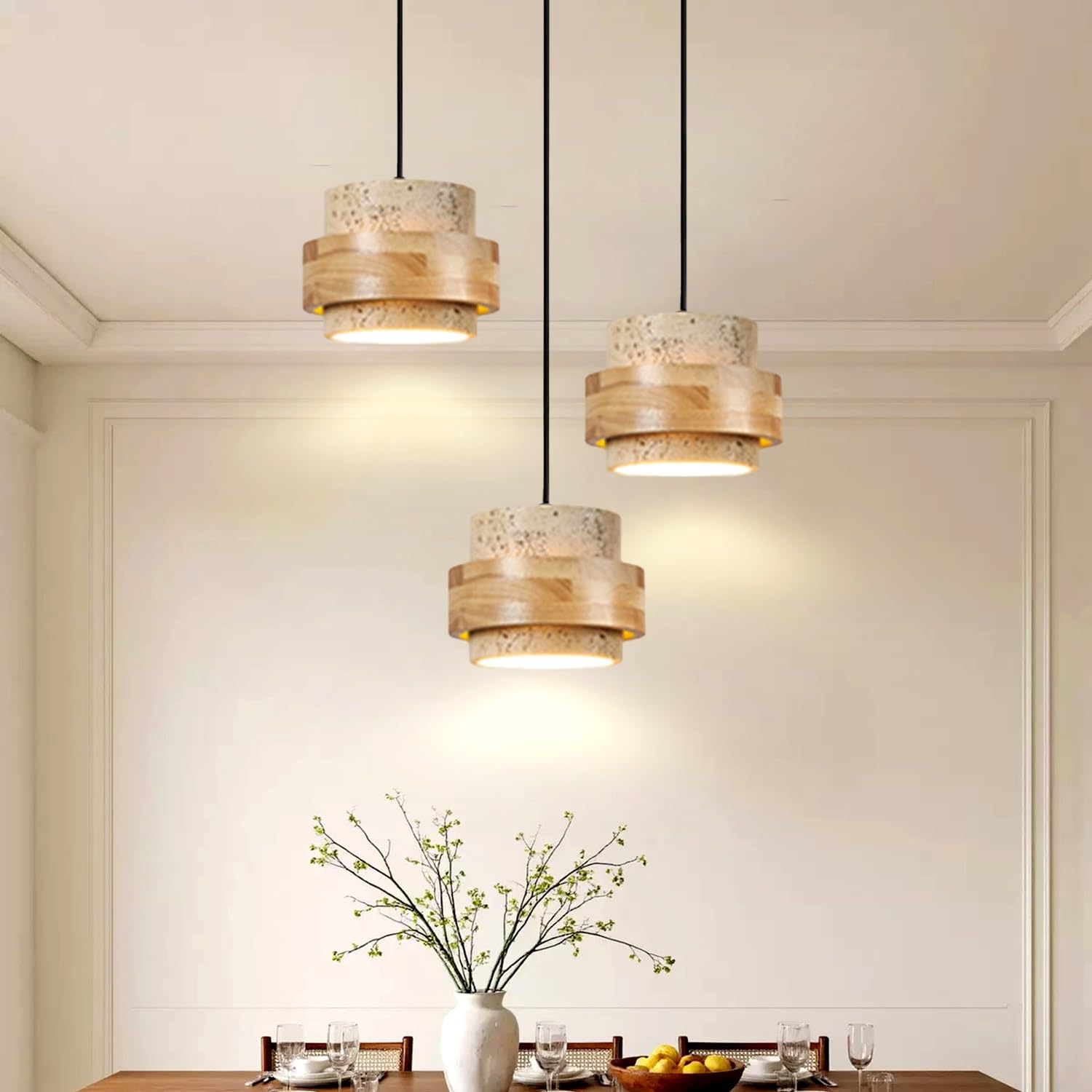 Lampa Wisząca Trawertyn 3-Płomienna Cylindryczny Żyrandol Naturalnego Kamienia Drewno Wabi-Sabi Styl Nowoczesna Lampa Sufitowa Do Jadalni Kuchni Salonu Sypialni E27 Regulowana Wysokość(Yellow,A)