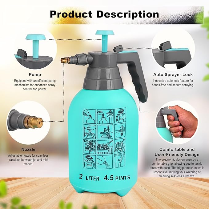 Image of Portable 2L Transparent Garden Spray Bottle Featuring an Adjustable Nozzle and Hand-Pressure Pump for Plant Misting, Yard Care, and Weed Treatment (Sky Blue)