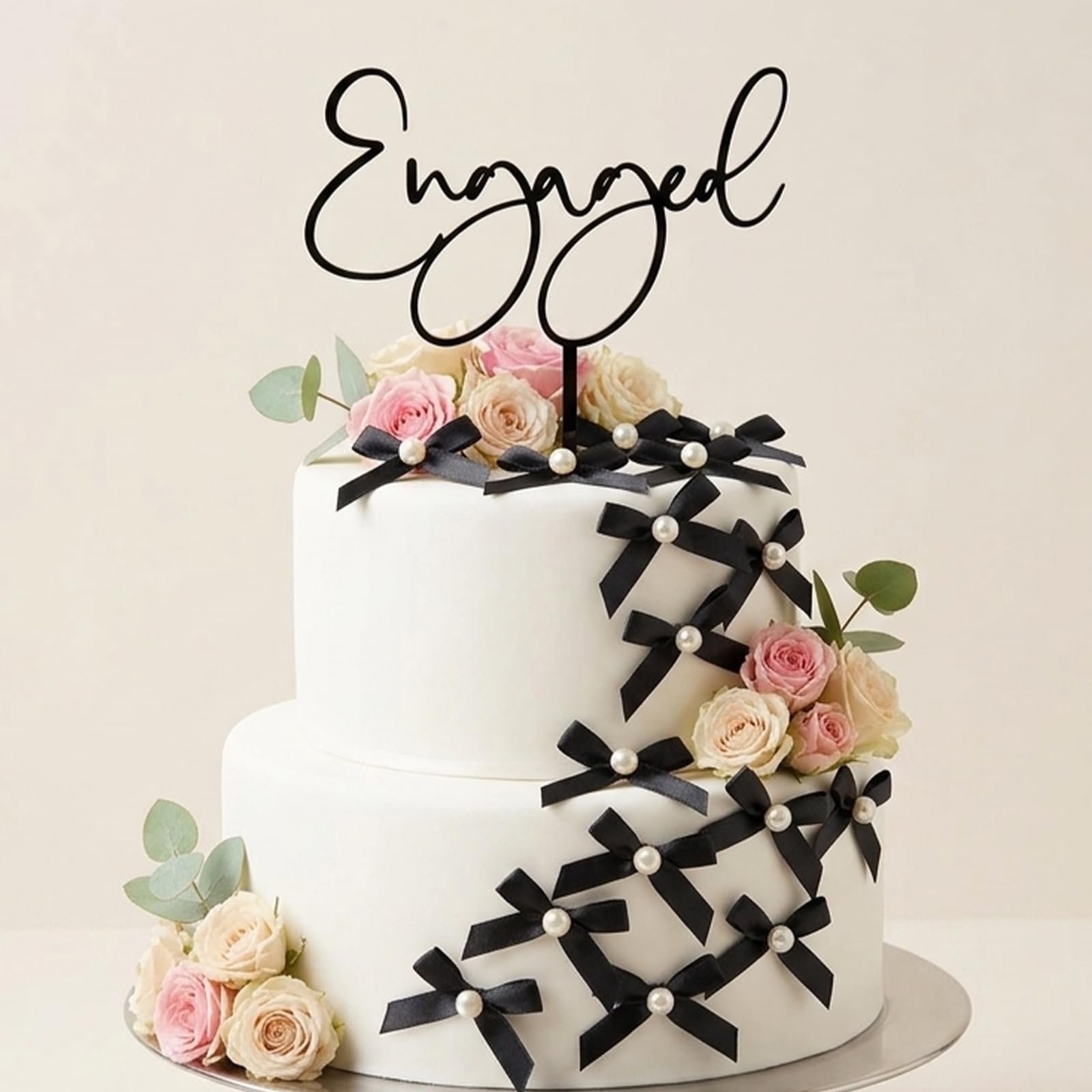 21P Black Engaged & Bow Cake Topper for Engagement Cake