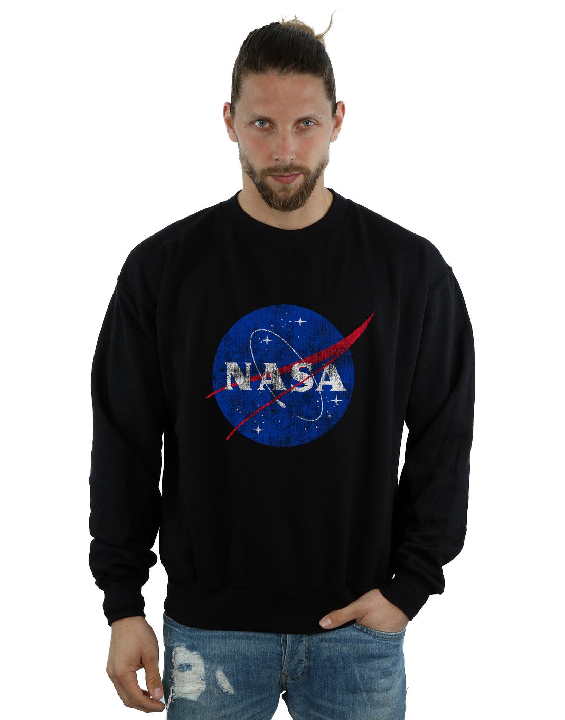 Absolute Cult NASA Men's Classic Insignia Logo Distressed Sweatshirt Black Medium