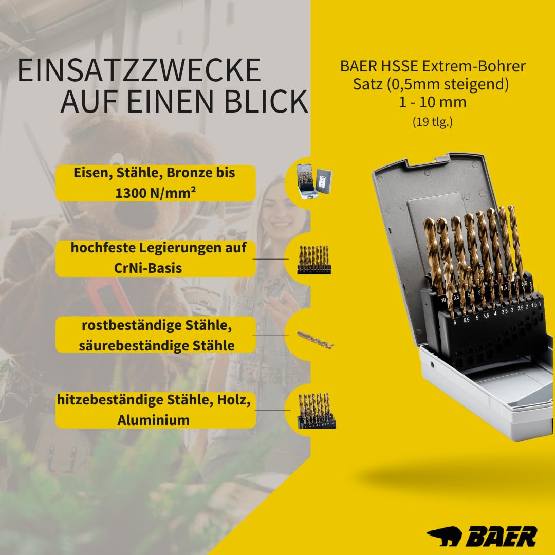 BaerCoil BAER Juego de brocas en espiral de 1 a 10 mm (pasos de 0,5 mm), 19 piezas HSSE (5% cobalto) DIN 338, broca universal, juego de brocas helicoidales de precisión para acero inoxidable, acero