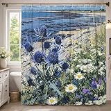 Distel-Duschvorhang, natürliche Chrysanthemen-Wildblumen, Sommerblau, waschbar, mit Haken, Toilettenstoff, Duschvorhänge für Badezimmer, Badewanne, Wohnung, Dekoration, 137 x 198 cm