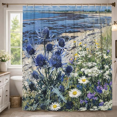 Distel-Duschvorhang, natürliche Chrysanthemen-Wildblumen, Sommerblau, waschbar, mit Haken, Toilettenstoff, Duschvorhänge für Badezimmer, Badewanne, Wohnung, Dekoration, 137 x 198 cm