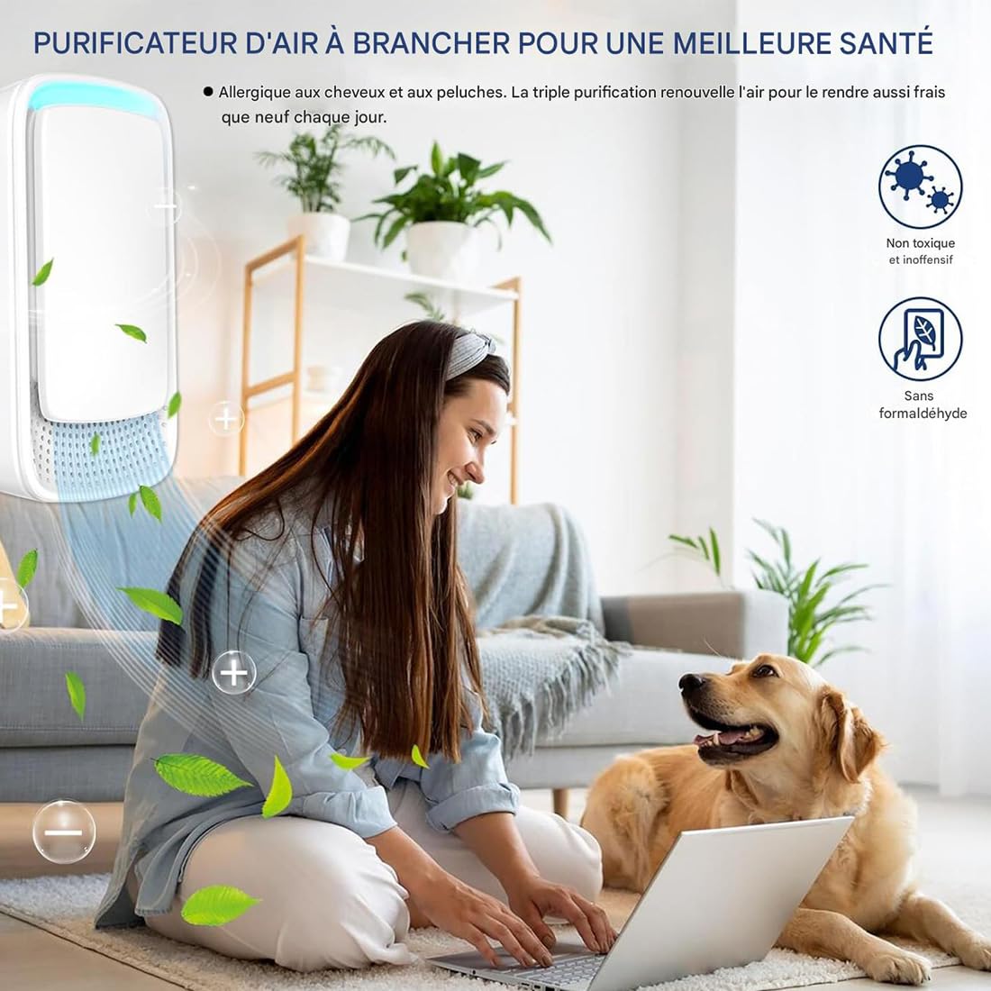 Purificateur d'air ionique, Mini Générateur d’ions négatifs Plug-in pour Chambre/Maison/Salon/Chambre d’Animaux, Purifier les Odeurs (2pcs)