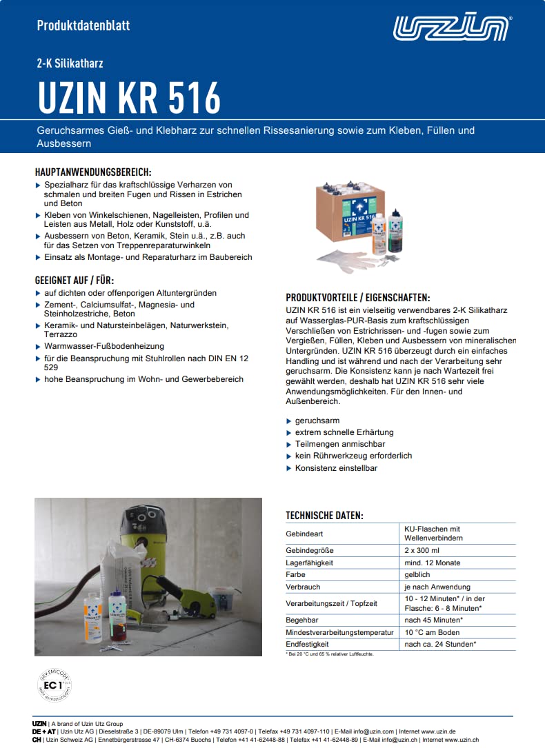 UZIN KR 516 2-K Silikatharz Kleben von Winkelschienen, Nagelleisten 2 x 300 ml Geruchsarmes Gieß- und Klebharz zur schnellen Rissesanierung sowie zum Kleben