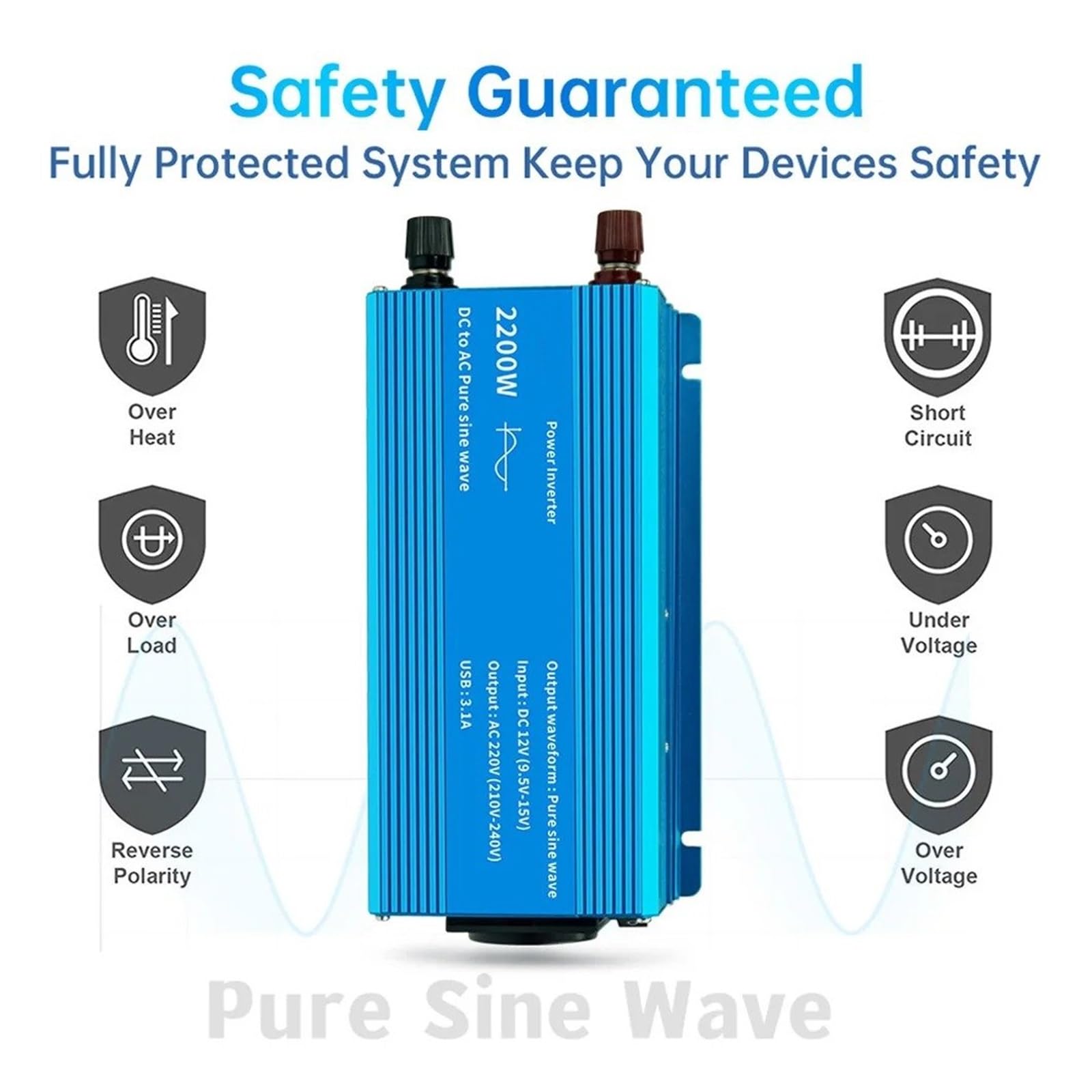 Power Inverter Inversor Corriente Onda Sinusoidal Pura 1000W/1500W/2200W CC 12V/24V A CA 220V Convertidor Voltaje para Adaptador Carga USB Dual Convertidor(12V,1000W 50Hz Uni)