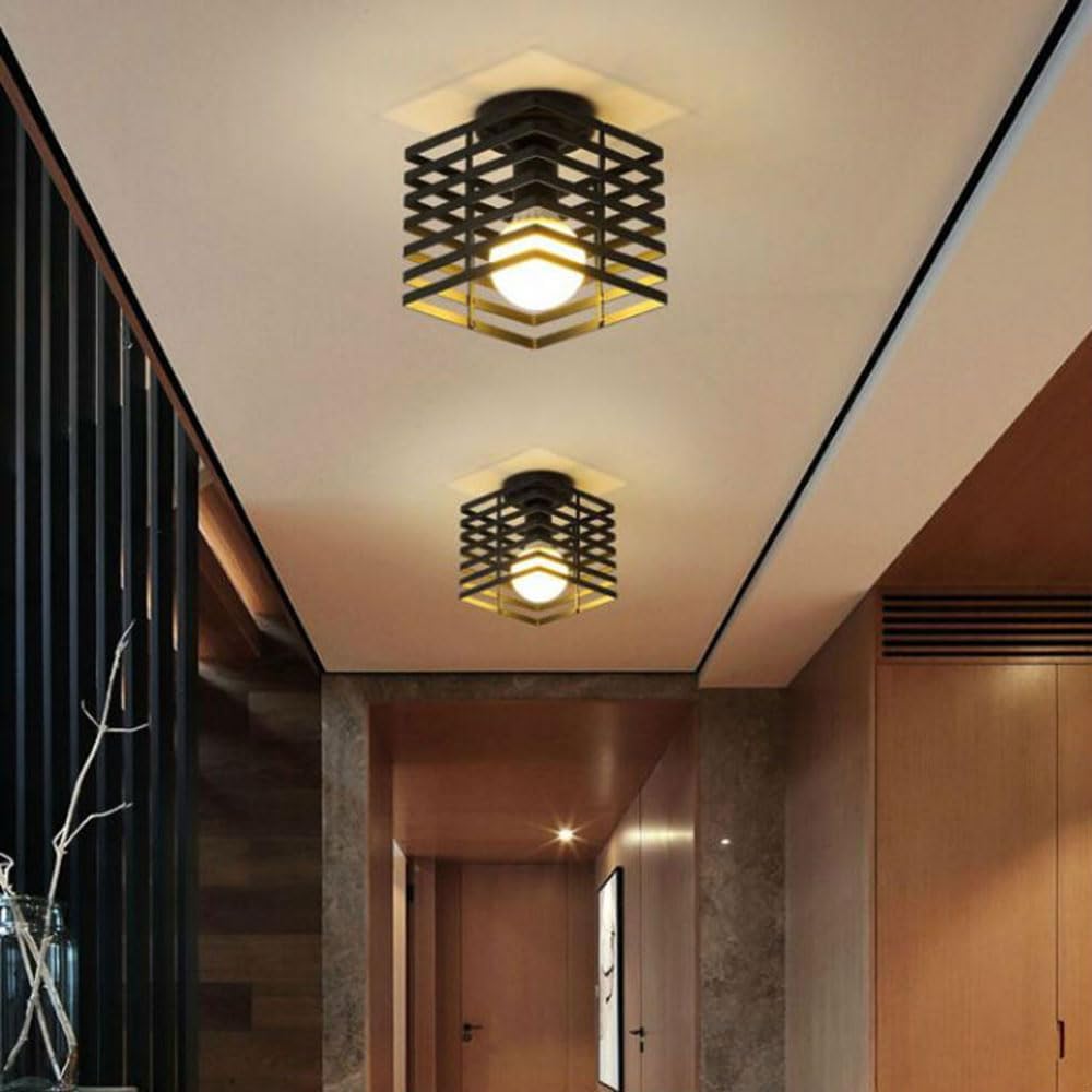 Close to Ceiling Lamp for Entryway Hallway Light Fixture in Black Industrial Semi Flush Mount Cage Light Farmhouse Ceiling Light for Kitchen Entryway Porch, Bulb Not Included