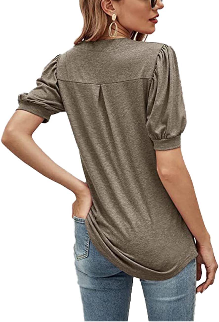 T-shirt Estiva Con Scollo A V Da Donna A Maniche Corte Basic Elegante Bottoni Top Da Donna Camicette Da Donna Camicetta Tunica In Cotone E Lino - Foto 6