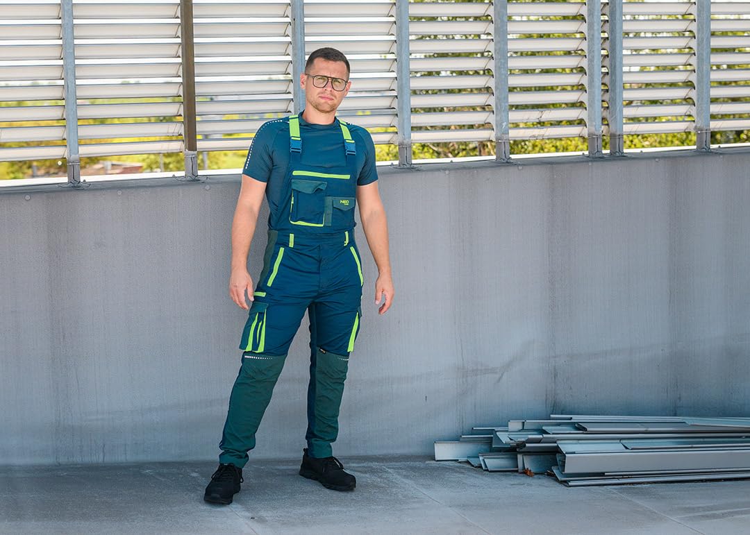 NEO TOOLS Herren Premium Arbeits-Latzhose, 62% Baumwolle, 35% Polyester, 3% Elasthan 250 g/m2, Gr. XS-3XL, Knie- und Schienbeinbereich mit Cordura, elastischer Gummibund und Y-Hosenträger
