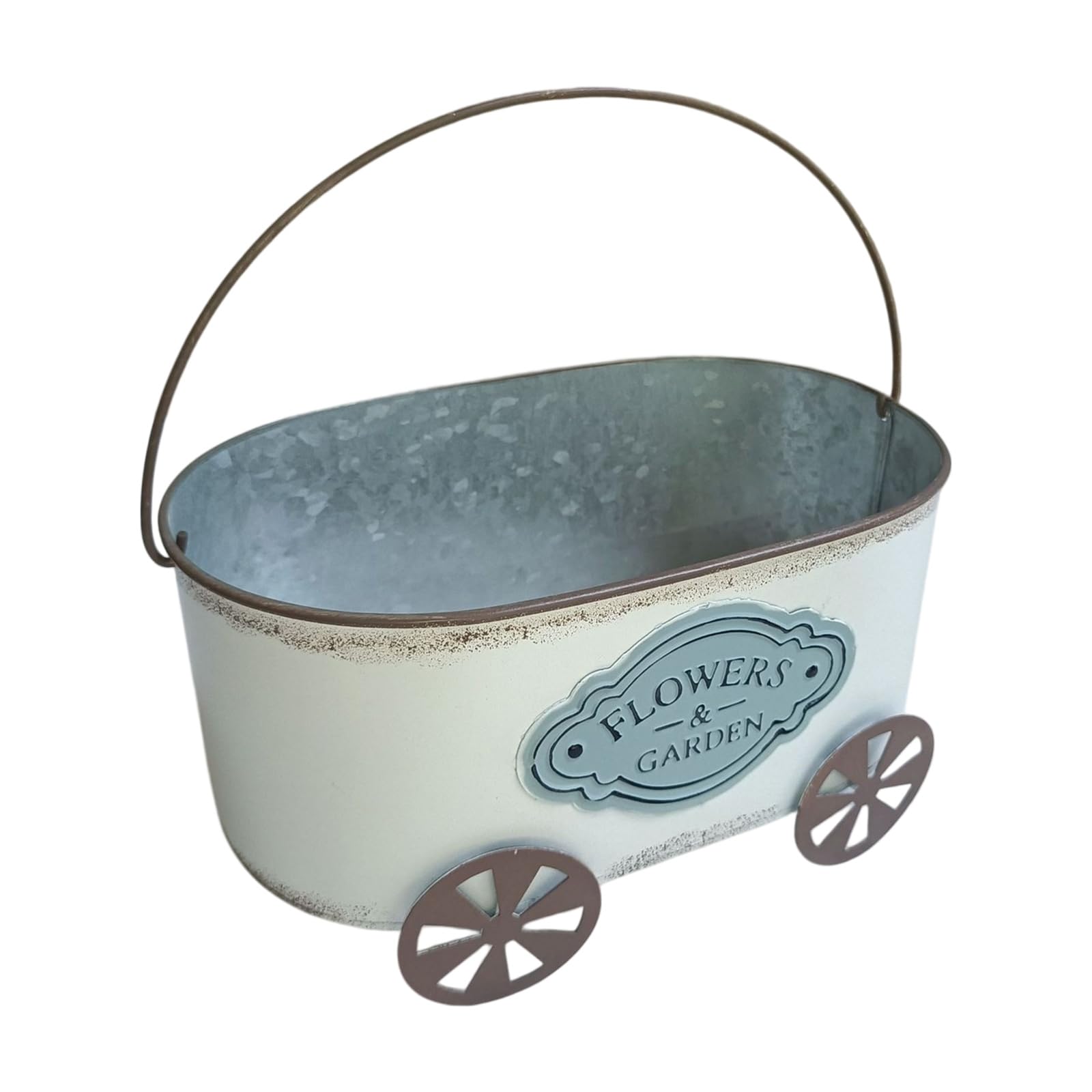YWLUUOO Oval Metal Flower Pots Cart with Carry Handle for Entryway and Living Room Decoration, Distressed Farmhouse Flower Pots Oval Planter Cart Tabletop Centerpieces