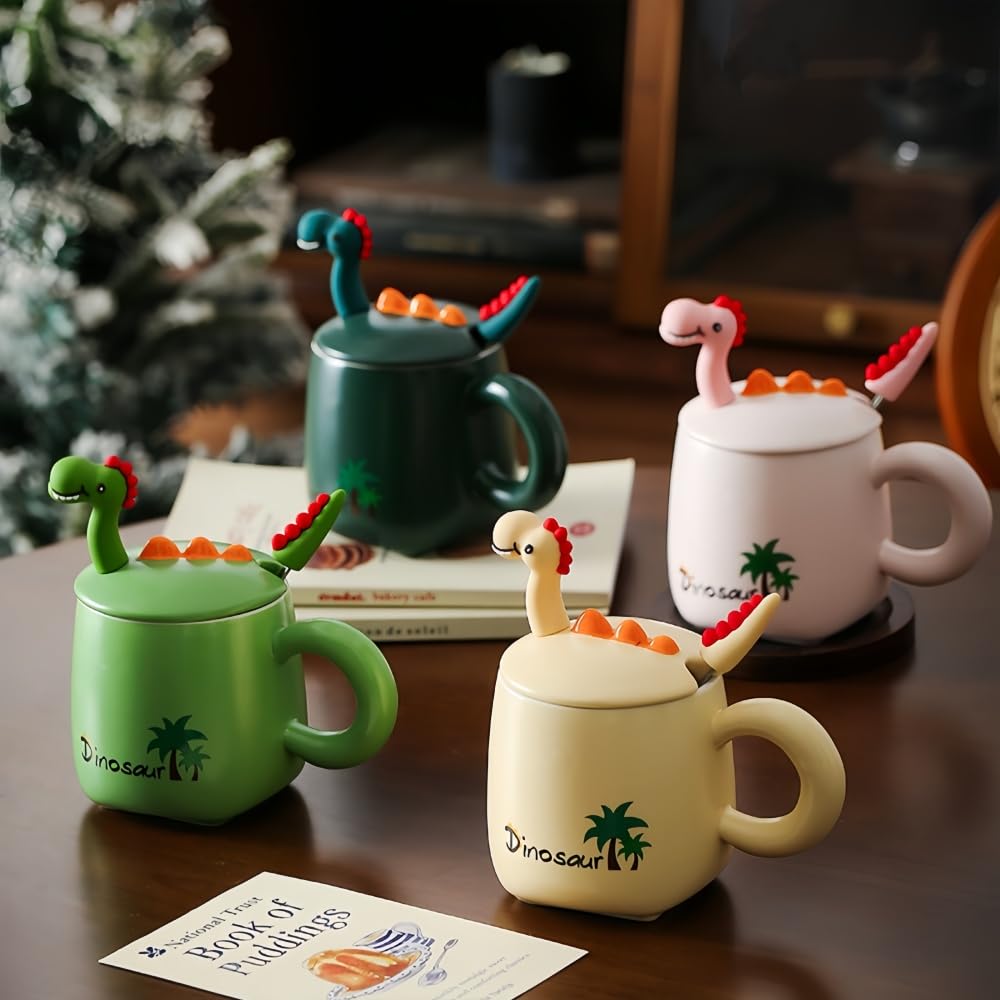 3D Dinosaurier Keramik Kaffeetasse mit Deckel & Löffel, 380ml, süße lustige Tasse für Kinder, Frauen, Männer, kreatives Geschenk zu Weihnachten, Geburtstag (4er Set Beige)