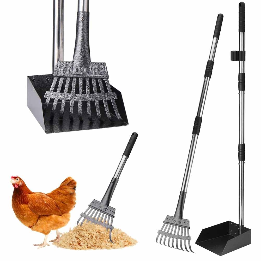 Hühnerstall-Zubehör: 2-in-1 Ergonomische Hühner-Schaufel zur Reinigung und Siebung, Einstellbar Mistegge mit raumsparendem Träger und Egge,Gartenhühnerstall-Ausrüstung
