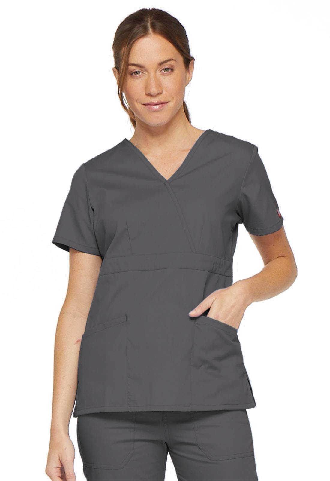Dickies womens86806Eds Signature Mock Wrap Top with Multiple Instrument Loop Short Sleeve Medical Scrubs Shirt - Gray - Medium