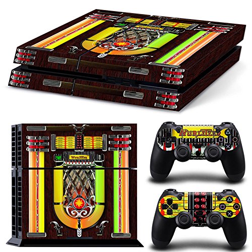 ZOOMHITSKINS PS4 Console and Controller Skins, Retro Classic Jukebox Vintage Brown Wood Yellow Music Box, High Quality, Durable, Bubble-free Goo-free, 1 Console Skin 2 Controller Skins, Made in USA