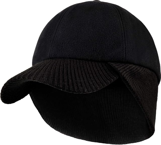 Mens Wool Winter Baseball Cap with Warmer Earflap Outdoor Beanie Ski Visor Hat