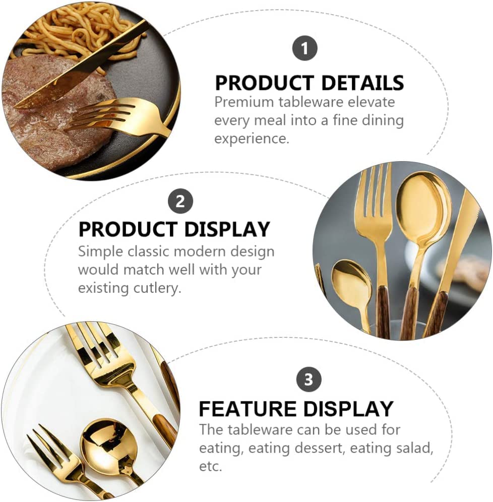 Image of Gold Flatware Matte Wooden Handle Stainless Steel Tableware Sets for 3 Including Forks Spoons Knives, Camping Silverware Travel Utensils Set Cutlery(Gold, Set of 15)